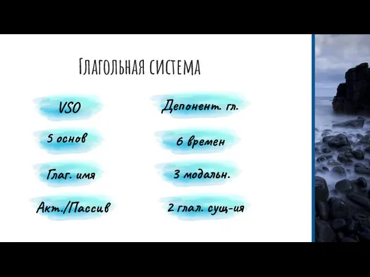 Глагольная система VSO 5 основ Глаг. имя Акт./Пассив Депонент. гл. 6 времен