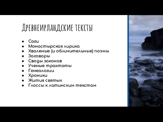 Древнеирландские тексты Саги Монастырская лирика Хваленые (и обличительные) поэмы Заговоры Своды законов