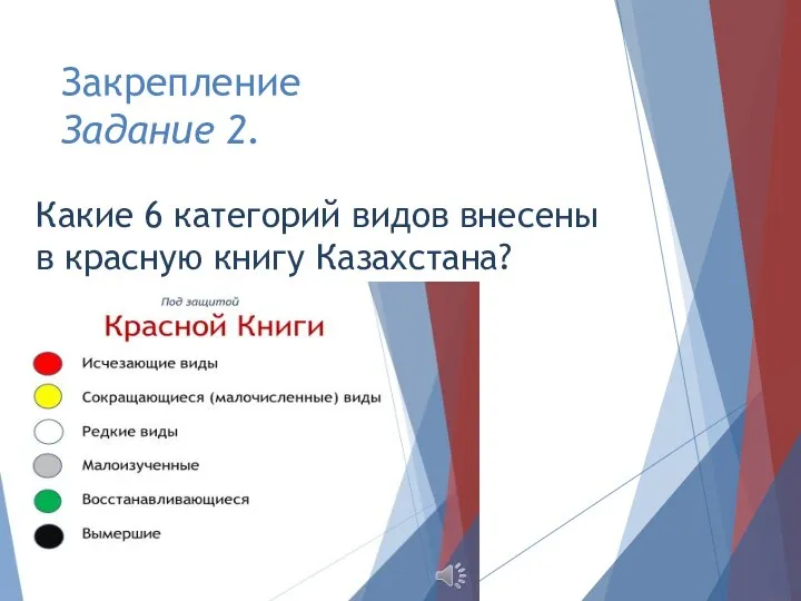 Закрепление Задание 2. Какие 6 категорий видов внесены в красную книгу Казахстана?