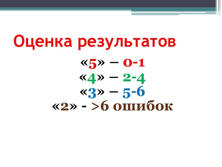 Оценка результатов «5» – 0-1 «4» – 2-4 «3» – 5-6 «2» - >6 ошибок