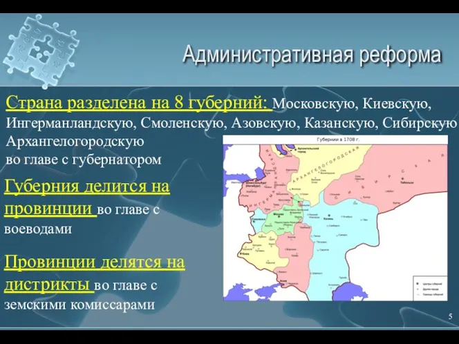 Административная реформа Страна разделена на 8 губерний: Московскую, Киевскую, Ингерманландскую, Смоленскую, Азовскую,