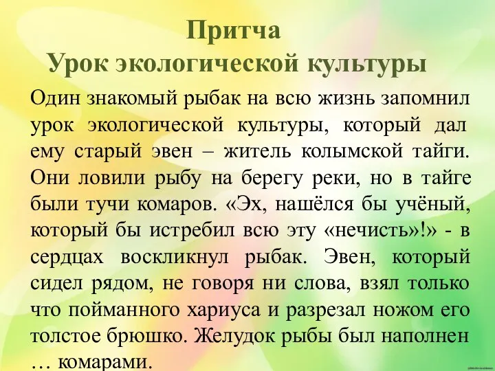 Притча Урок экологической культуры Один знакомый рыбак на всю жизнь запомнил урок