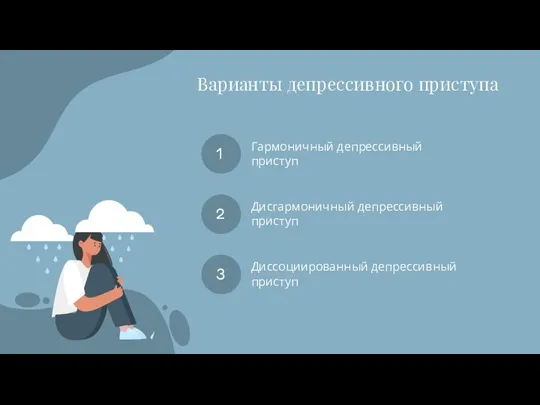 Варианты депрессивного приступа 1 2 3 Гармоничный депрессивный приступ Дисгармоничный депрессивный приступ Диссоциированный депрессивный приступ