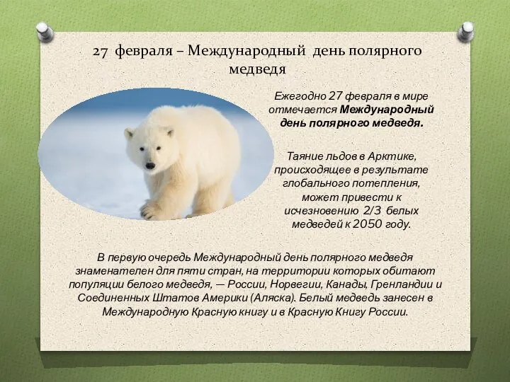 27 февраля – Международный день полярного медведя Ежегодно 27 февраля в мире