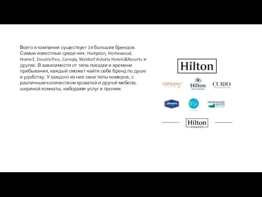 Всего в компании существует 14 больших брендов. Самые известные среди них: Hampton,