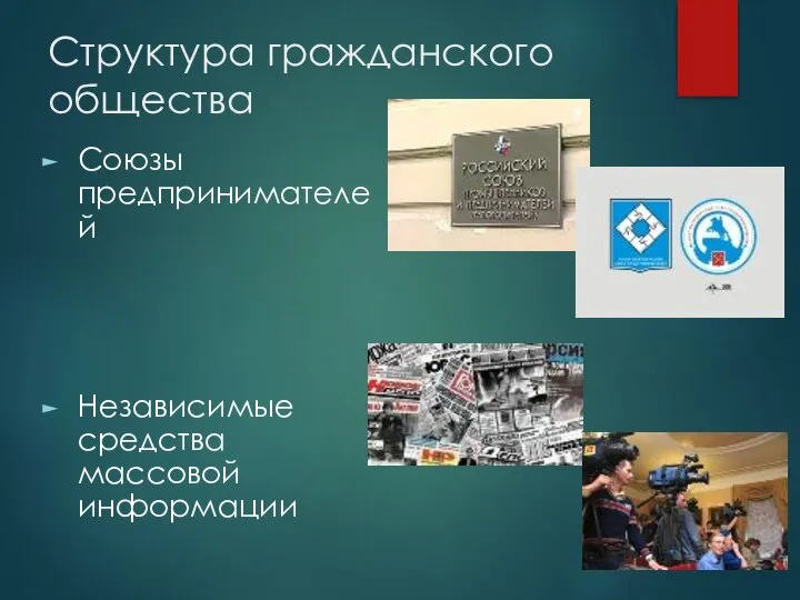 Структура гражданского общества Союзы предпринимателей Независимые средства массовой информации