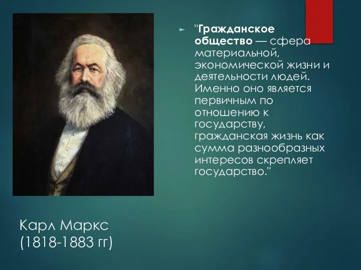 Карл Маркс (1818-1883 гг) "Гражданское общество — сфера материальной, экономической жизни и