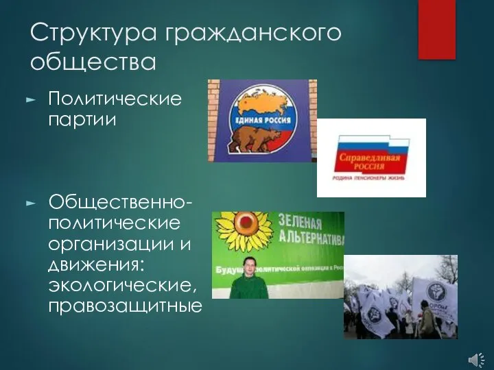 Структура гражданского общества Политические партии Общественно-политические организации и движения: экологические, правозащитные