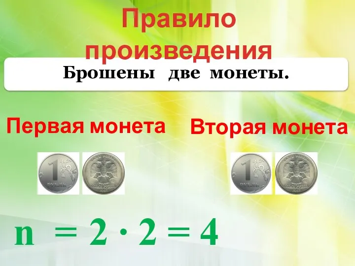 Брошены две монеты. Первая монета Правило произведения Вторая монета n = 2 ∙ 2 = 4