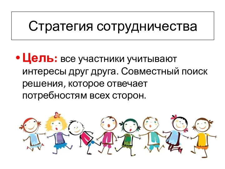 Стратегия сотрудничества Цель: все участники учитывают интересы друг друга. Совместный поиск решения,