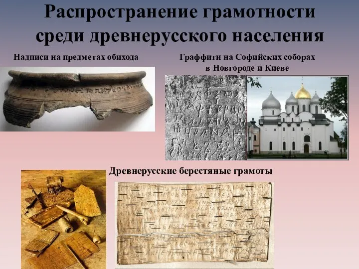 Распространение грамотности среди древнерусского населения Надписи на предметах обихода Граффити на Софийских
