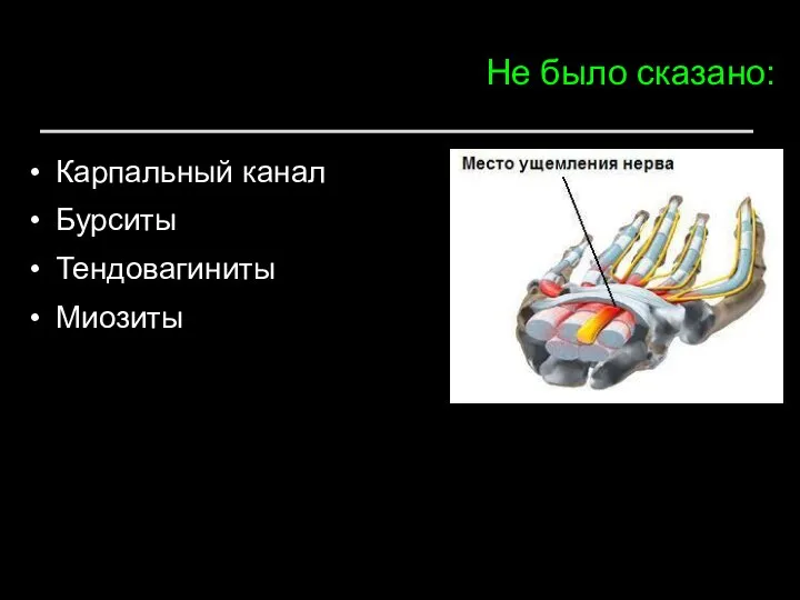 Не было сказано: Карпальный канал Бурситы Тендовагиниты Миозиты