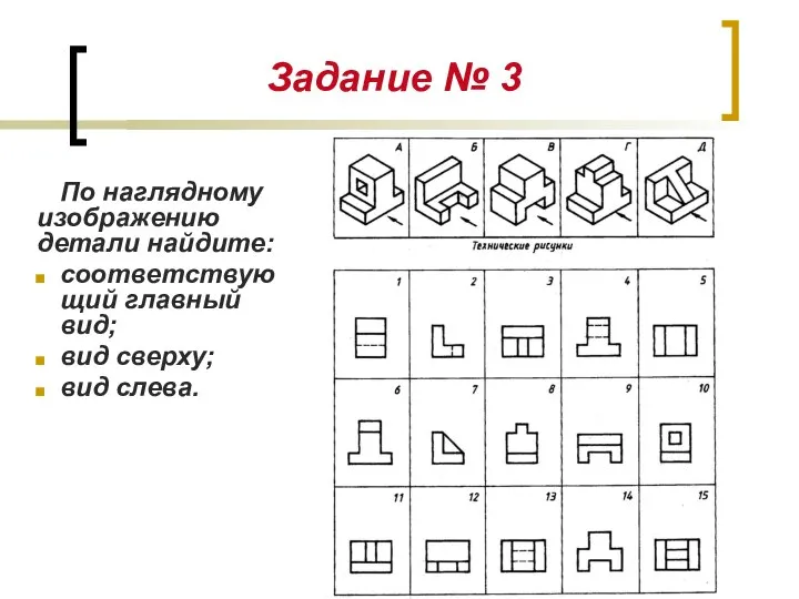Задание № 3 По наглядному изображению детали найдите: соответствующий главный вид; вид сверху; вид слева.
