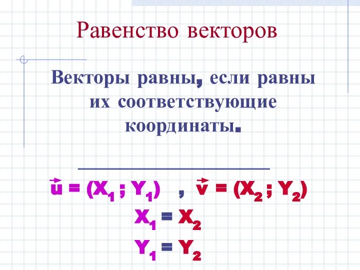Равенство векторов Векторы равны, если равны их соответствующие координаты. X1 = X2 Y1 = Y2