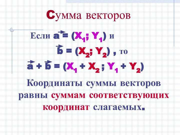 Cумма векторов Если a = (X1; Y1) и b = (X2; Y2)