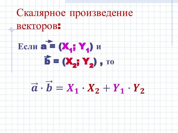 Скалярное произведение векторов: Если a = (X1; Y1) и b = (X2; Y2) , то