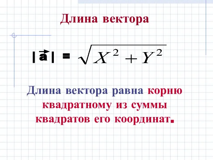 Длина вектора Длина вектора равна корню квадратному из суммы квадратов его координат.