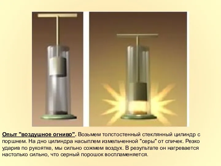 Опыт "воздушное огниво". Возьмем толстостенный стеклянный цилиндр с поршнем. На дно цилиндра