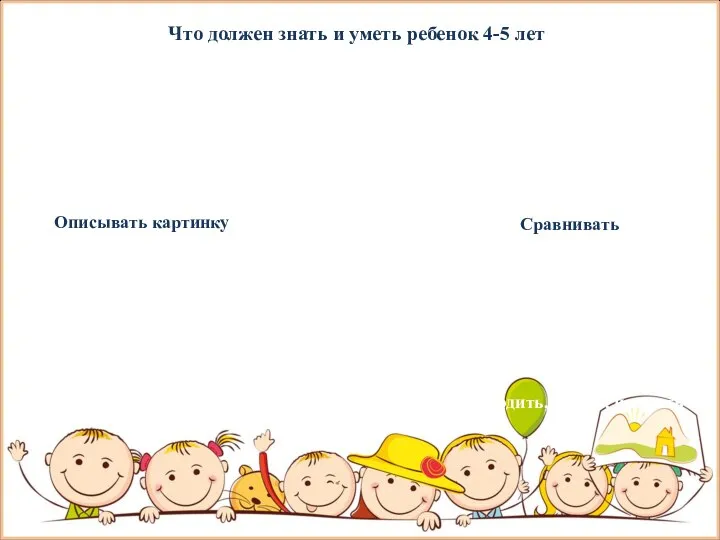 Что должен знать и уметь ребенок 4-5 лет Описывать картинку СосчиттьС 5итать