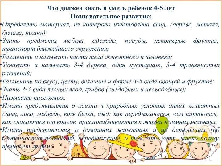 Что должен знать и уметь ребенок 4-5 лет Познавательное развитие: Определять материал,