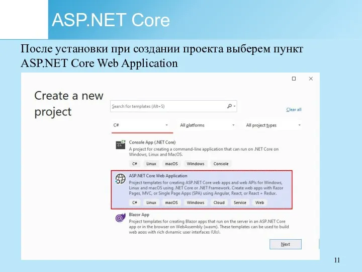 ASP.NET Core После установки при создании проекта выберем пункт ASP.NET Core Web Application