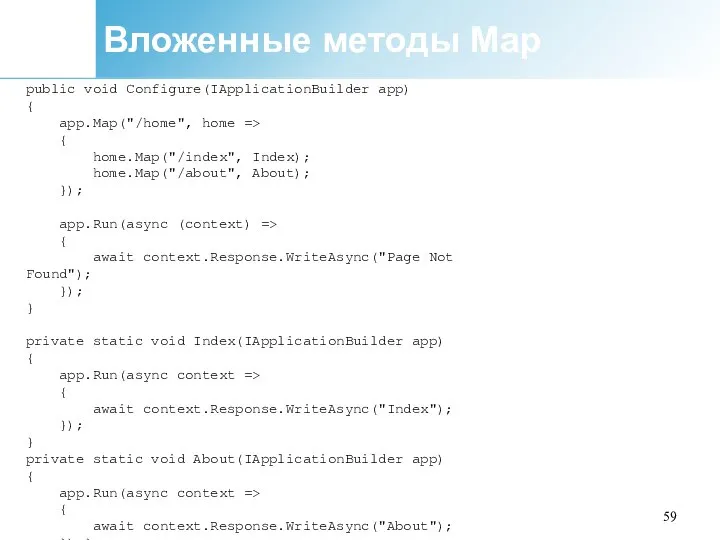 Вложенные методы Map public void Configure(IApplicationBuilder app) { app.Map("/home", home => {