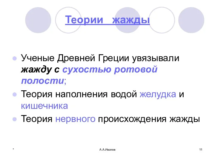 * А.А.Иванов Теории жажды Ученые Древней Греции увязывали жажду с сухостью ротовой