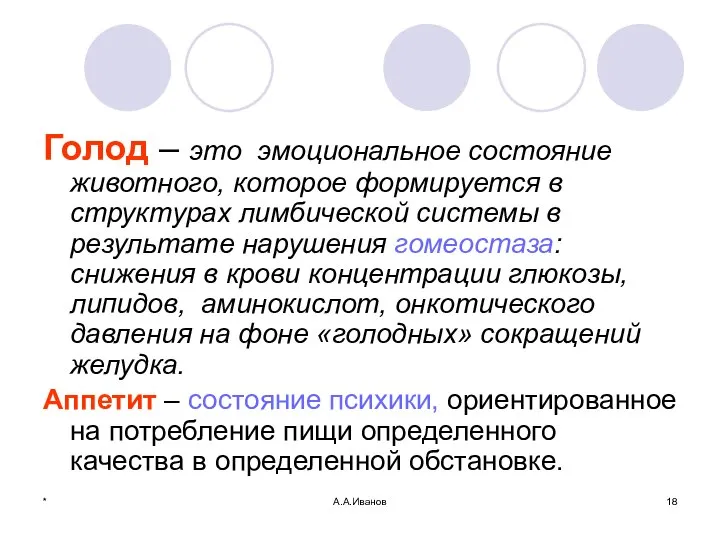 * А.А.Иванов Голод – это эмоциональное состояние животного, которое формируется в структурах