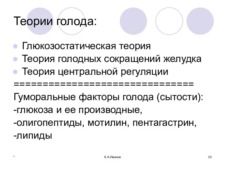 * А.А.Иванов Теории голода: Глюкозостатическая теория Теория голодных сокращений желудка Теория центральной