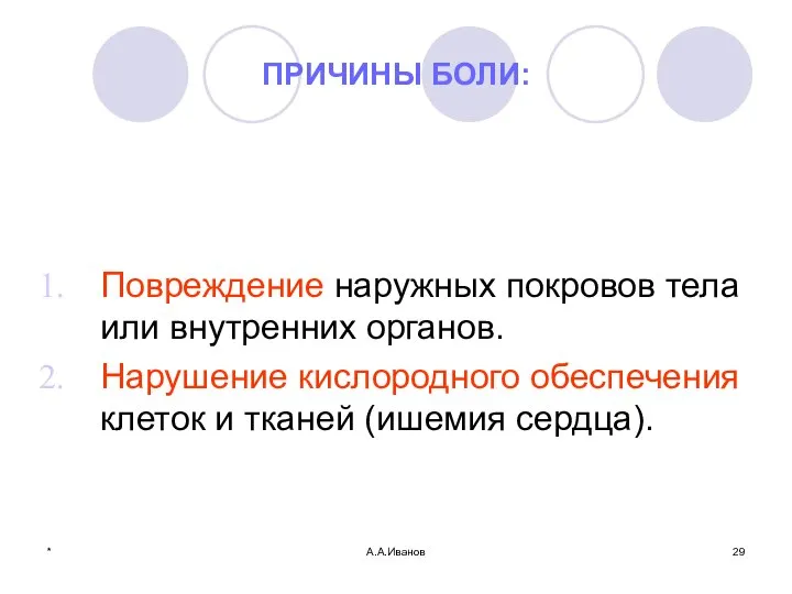 * А.А.Иванов ПРИЧИНЫ БОЛИ: Повреждение наружных покровов тела или внутренних органов. Нарушение