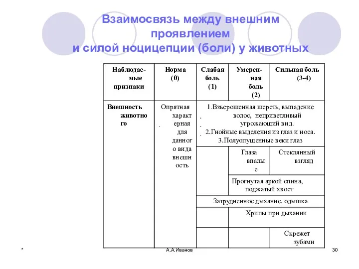 * А.А.Иванов Взаимосвязь между внешним проявлением и силой ноцицепции (боли) у животных