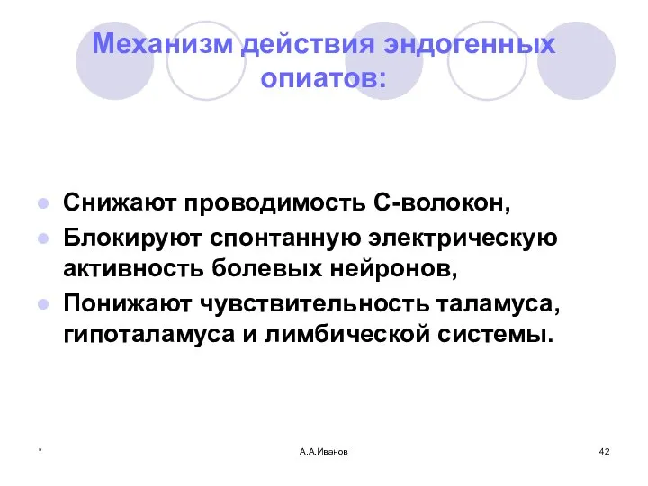 * А.А.Иванов Механизм действия эндогенных опиатов: Снижают проводимость С-волокон, Блокируют спонтанную электрическую