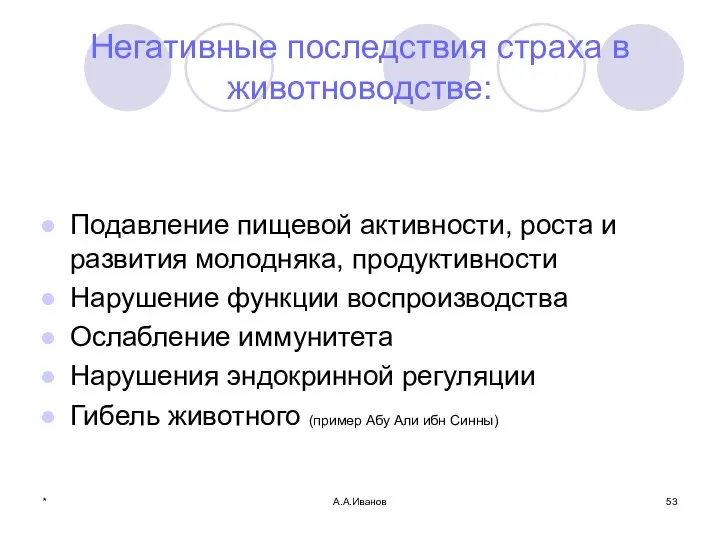 * А.А.Иванов Негативные последствия страха в животноводстве: Подавление пищевой активности, роста и