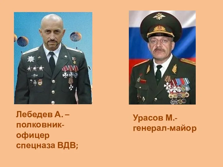 Лебедев А. – полковник-офицер спецназа ВДВ; Урасов М.- генерал-майор