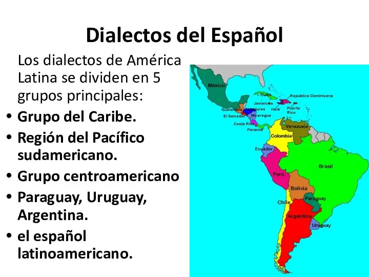 Dialectos del Español Los dialectos de América Latina se dividen en 5