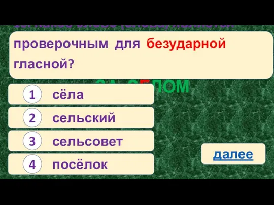 16. Какое слово (слова) является проверочным для безударной гласной? ЗА СЕЛОМ сёла