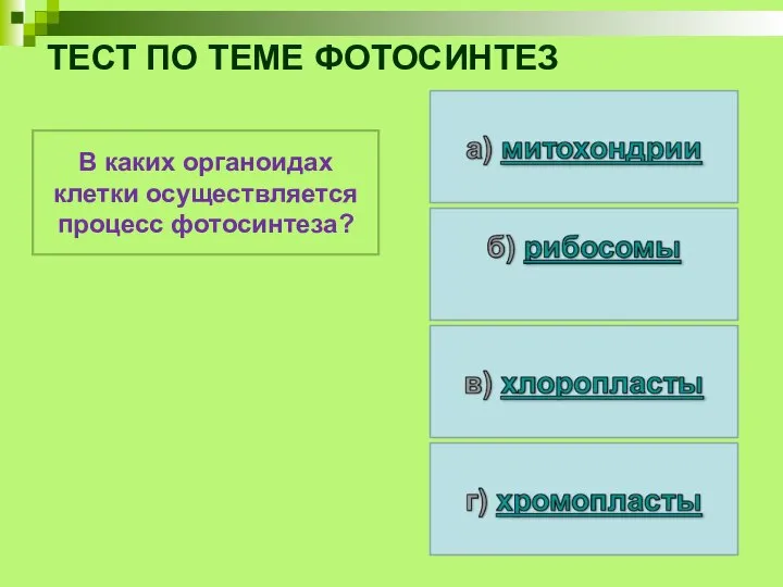 ТЕСТ ПО ТЕМЕ ФОТОСИНТЕЗ В каких органоидах клетки осуществляется процесс фотосинтеза?