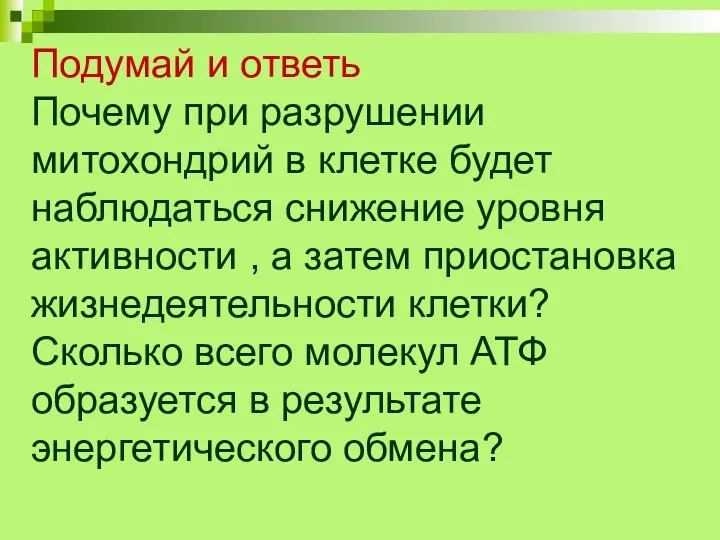 Подумай и ответь Почему при разрушении митохондрий в клетке будет наблюдаться снижение