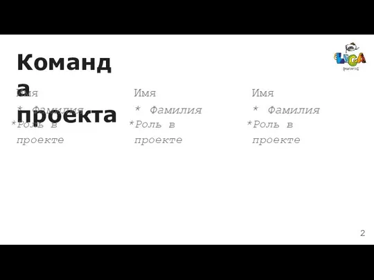 Команда проекта Имя Фамилия Роль в проекте Имя Фамилия Роль в проекте