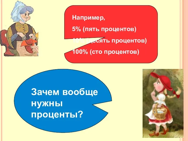 Например, 5% (пять процентов) 10% (десять процентов) 100% (сто процентов) Зачем вообще нужны проценты?