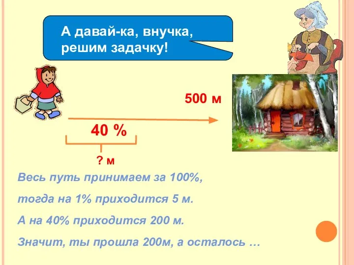 А давай-ка, внучка, решим задачку! 500 м 40 % ? м Весь