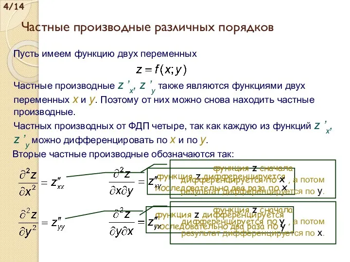 Пусть имеем функцию двух переменных Частные производные различных порядков Частные производные z