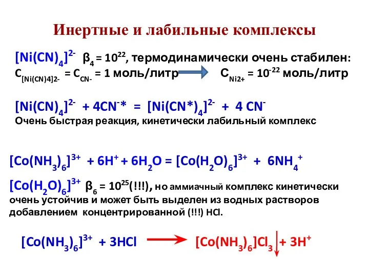 [Ni(CN)4]2- β4 = 1022, термодинамически очень стабилен: C[Ni(CN)4]2- = CCN- = 1