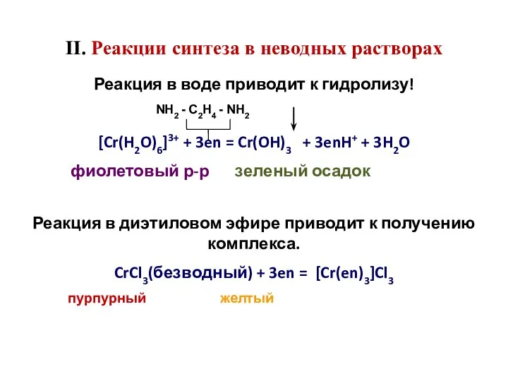 II. Реакции синтеза в неводных растворах Реакция в воде приводит к гидролизу!