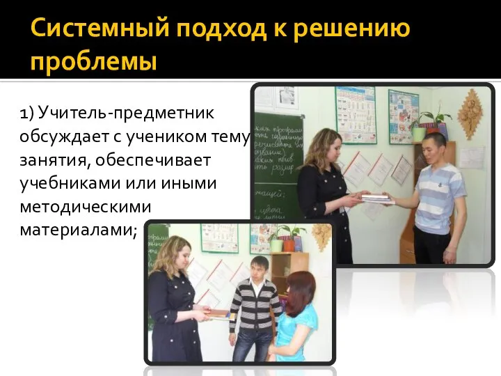 Системный подход к решению проблемы 1) Учитель-предметник обсуждает с учеником тему занятия,
