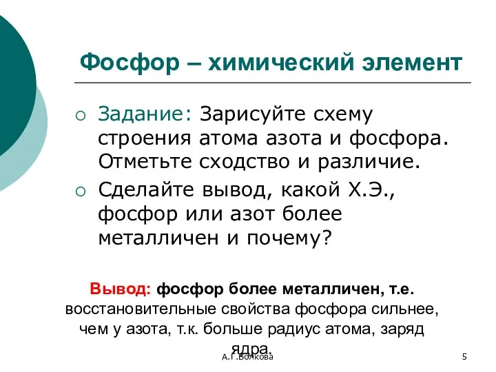 А.Г.Волкова Фосфор – химический элемент Задание: Зарисуйте схему строения атома азота и