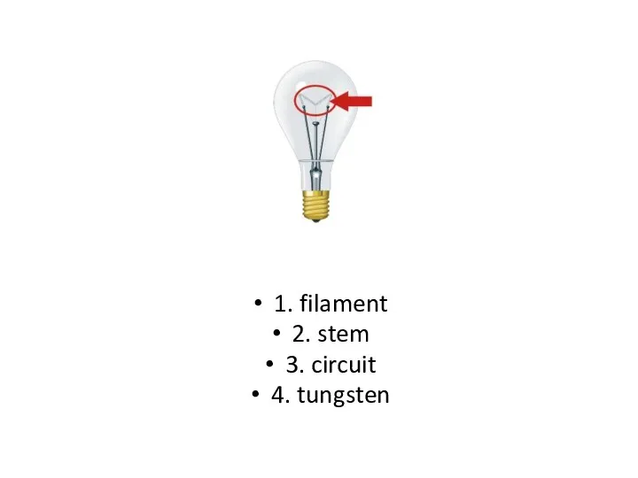 1. filament 2. stem 3. circuit 4. tungsten