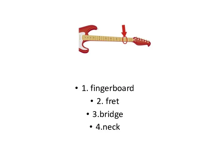 1. fingerboard 2. fret 3.bridge 4.neck