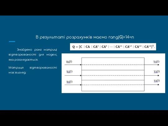 В результаті розрахунків маємо rang(G)=14=n Знайдемо ранг матриці відтворюваності для моделі, яка