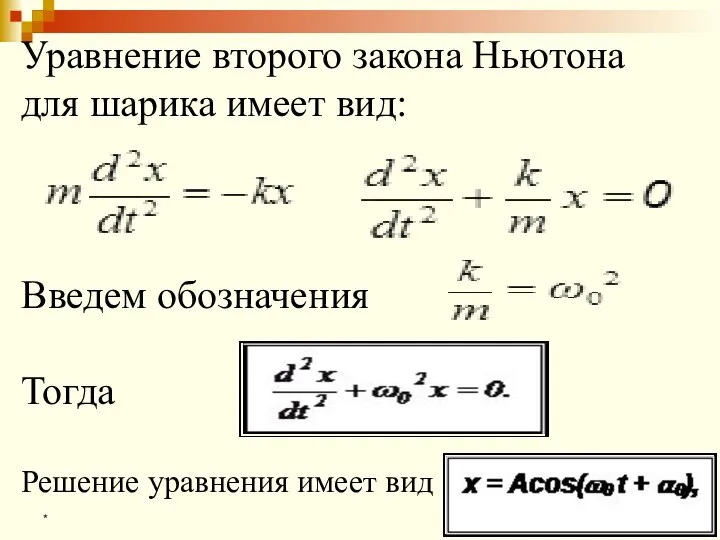 * Уравнение второго закона Ньютона для шарика имеет вид: Введем обозначения Тогда Решение уравнения имеет вид